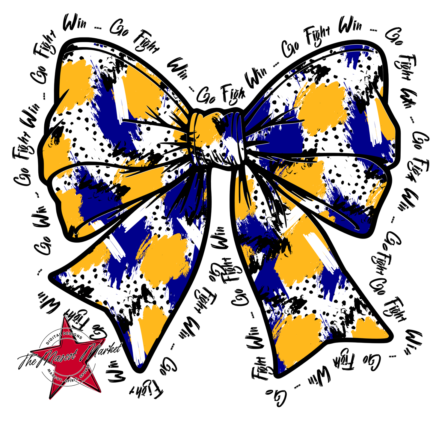 Go, Fight, Win, Splatter Bow Design-Blue-Yellow