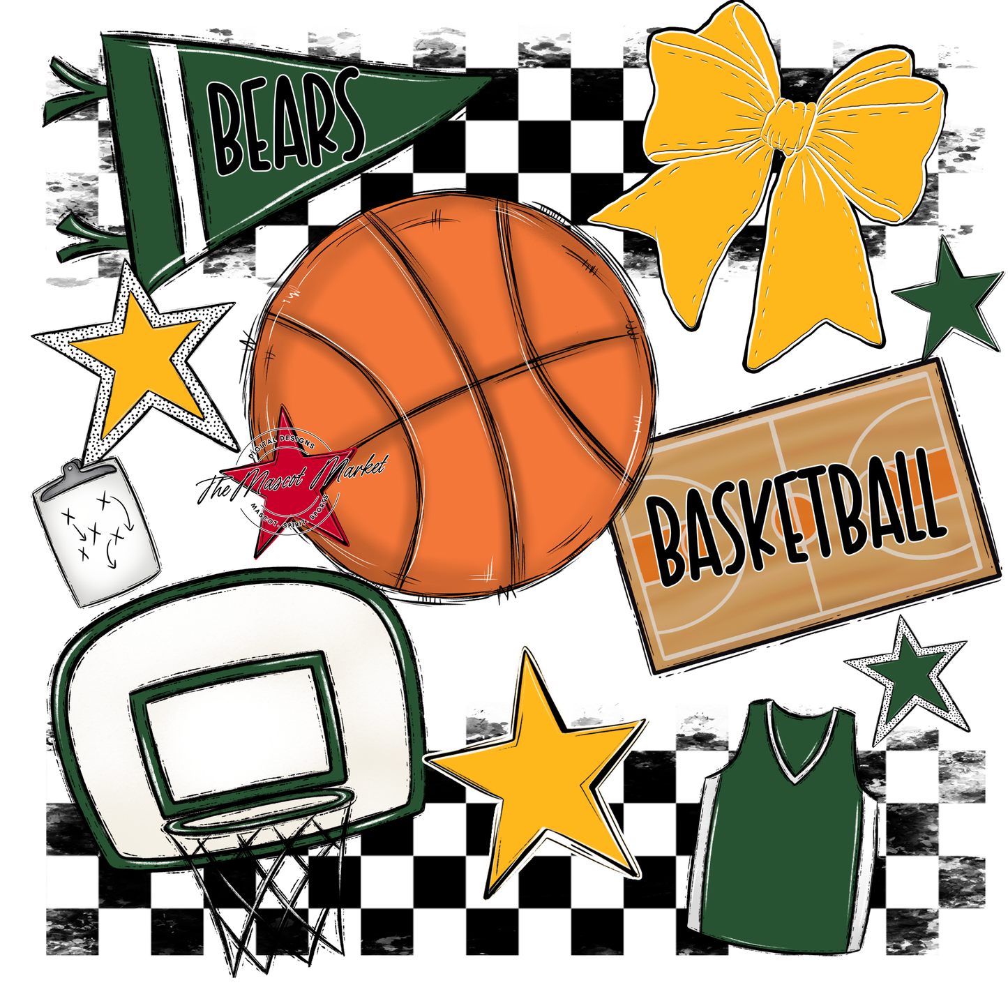 Bears Basketball Checkers Design-Green-Yellow