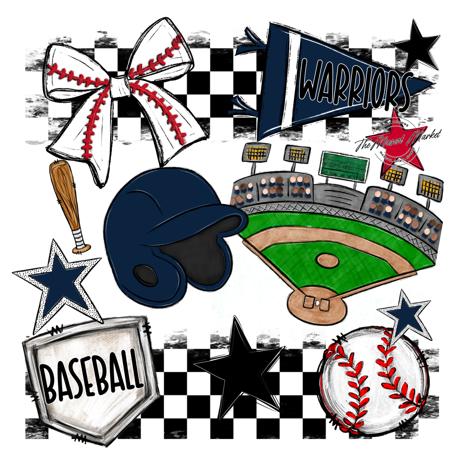 Warriors Checkers Baseball Spirit Design-Navy