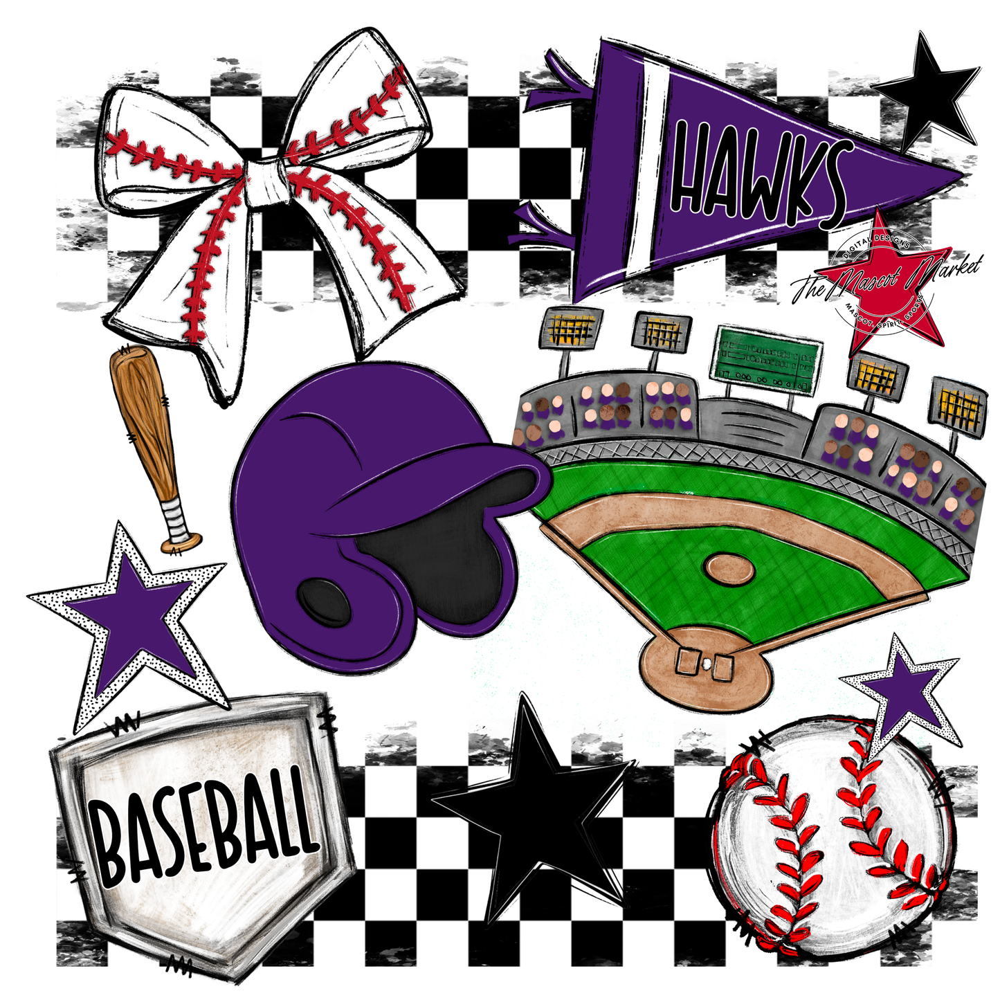 Hawks Checkers Baseball Spirit Design-Purple