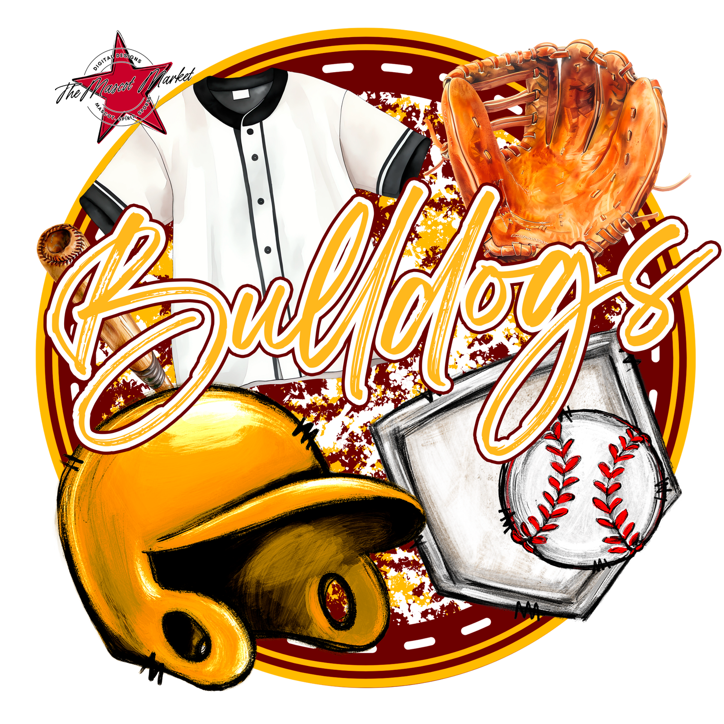 Bulldogs Circle Baseball Design-Maroon-Yellow
