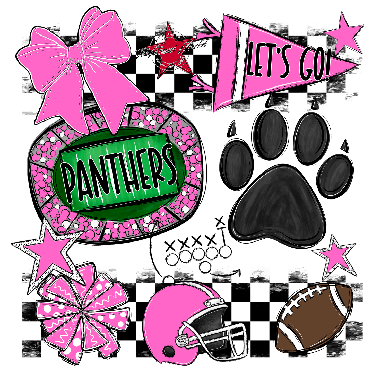 Panthers Checkers Mascot Spirit Design w Paw-Baby Pink
