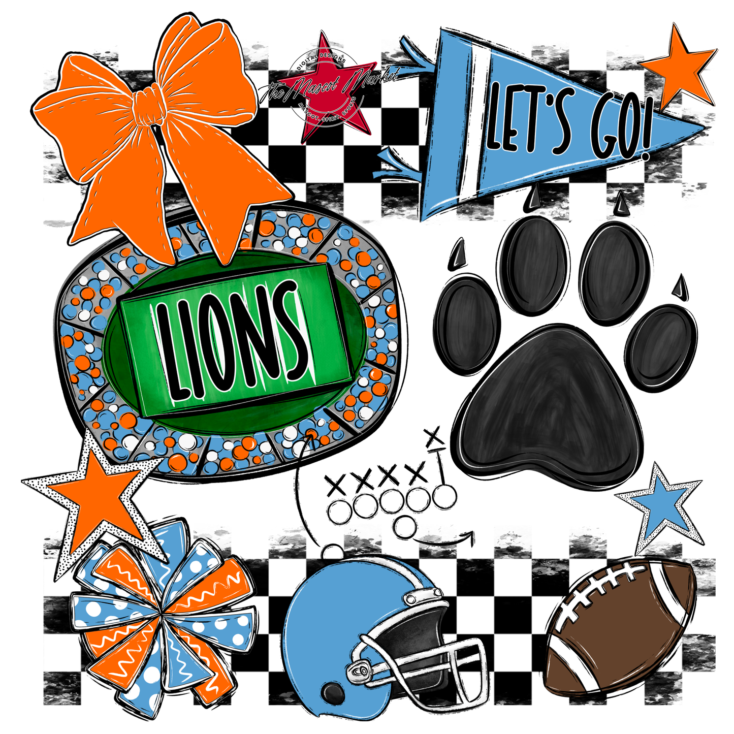 Lions Checkers Mascot Spirit Design w Paw-Carolina Blue-Orange