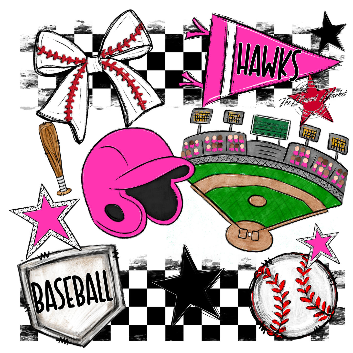 Hawks Checkers Baseball Spirit Design-Pink