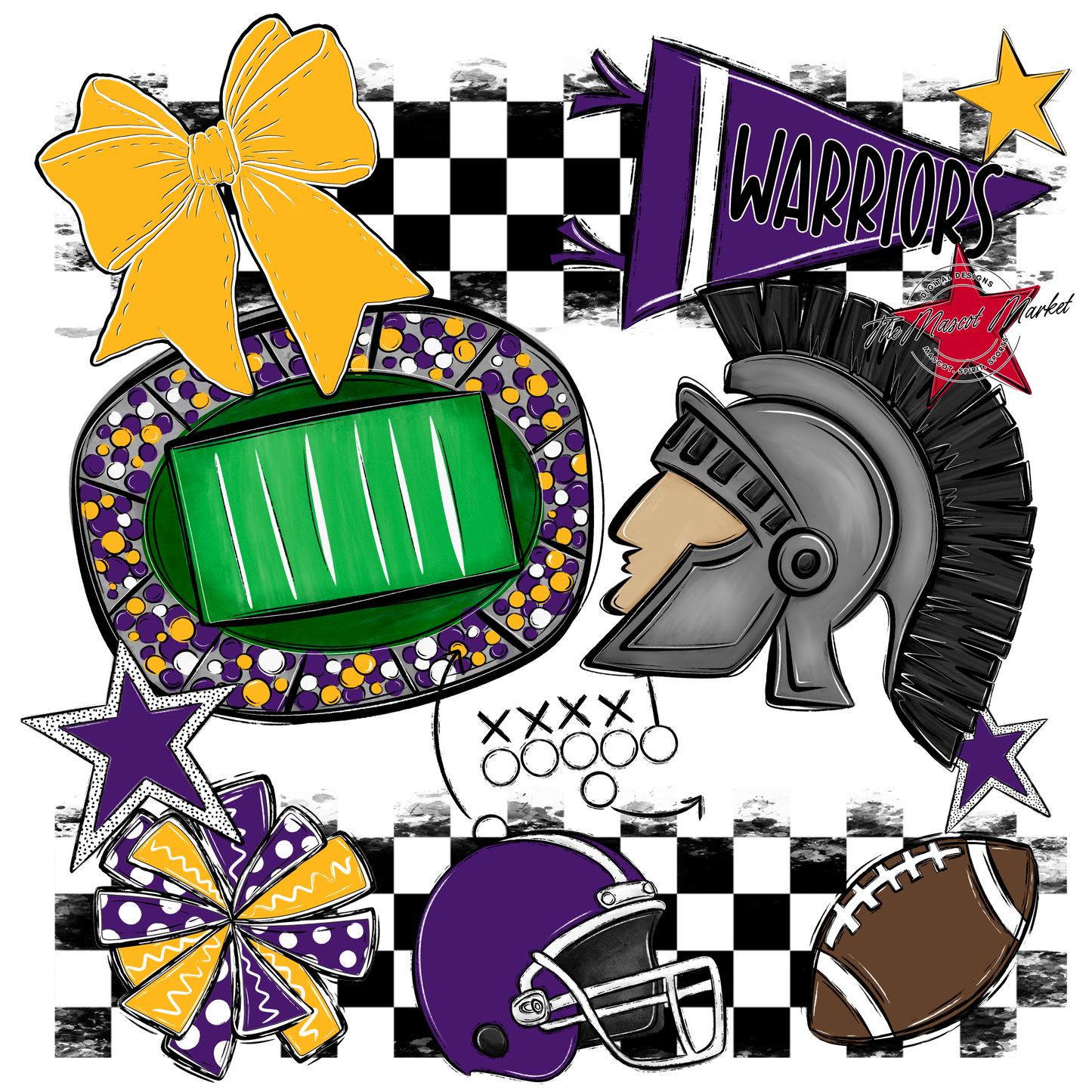 Warriors Checkers Mascot Spirit Design-Purple-Yellow