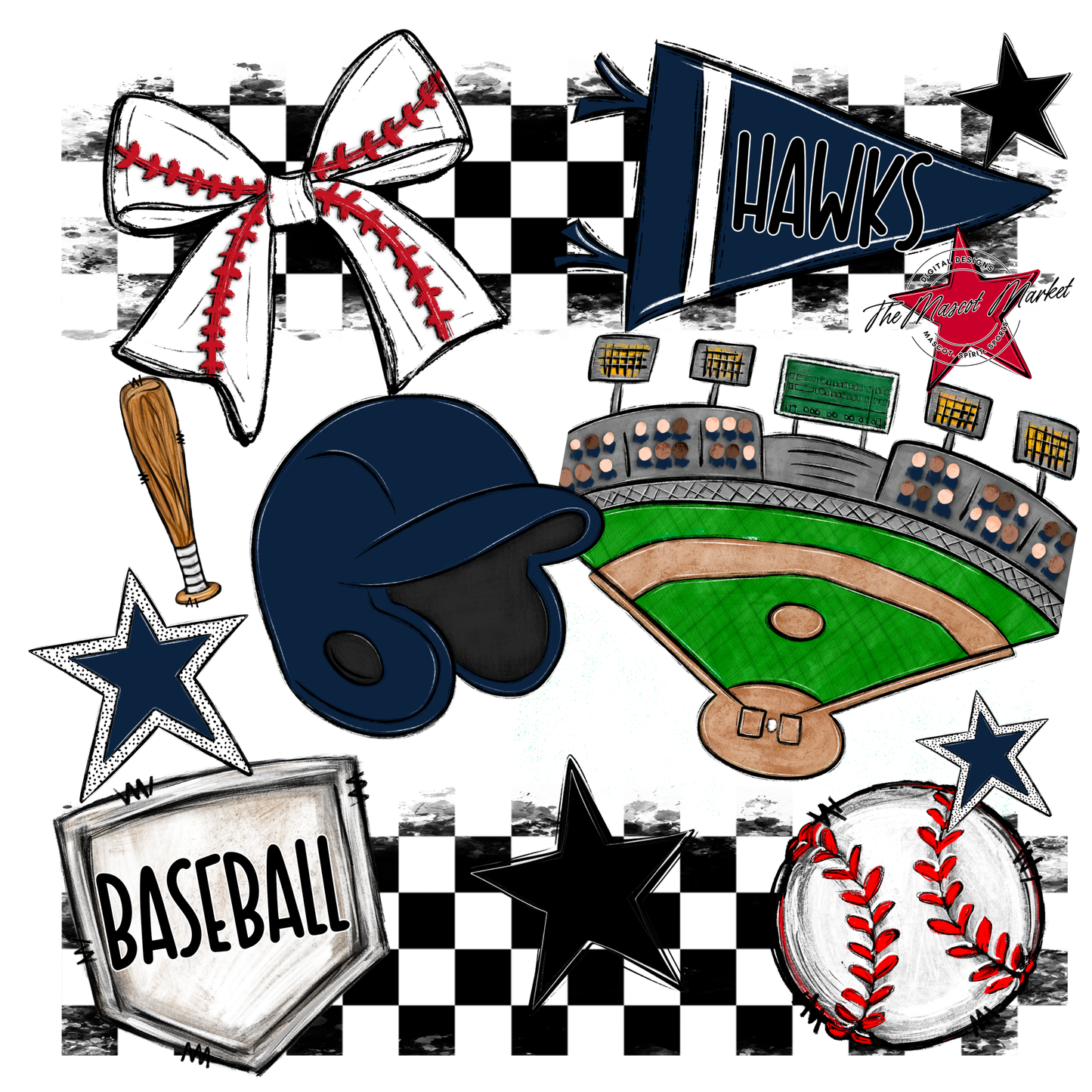 Hawks Checkers Baseball Spirit Design-Navy