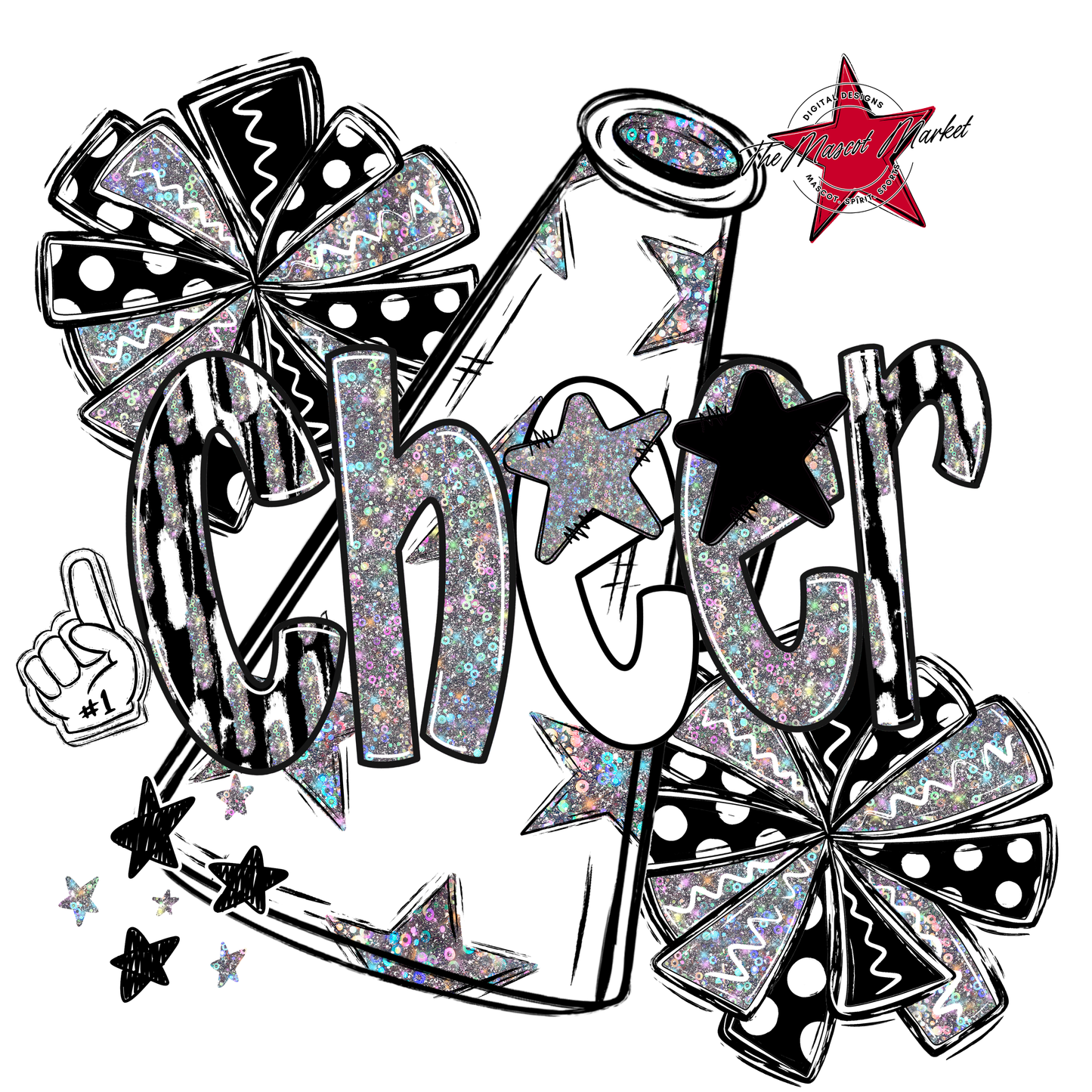 Cheer Megaphone Scrape Holigraphic-Black & White