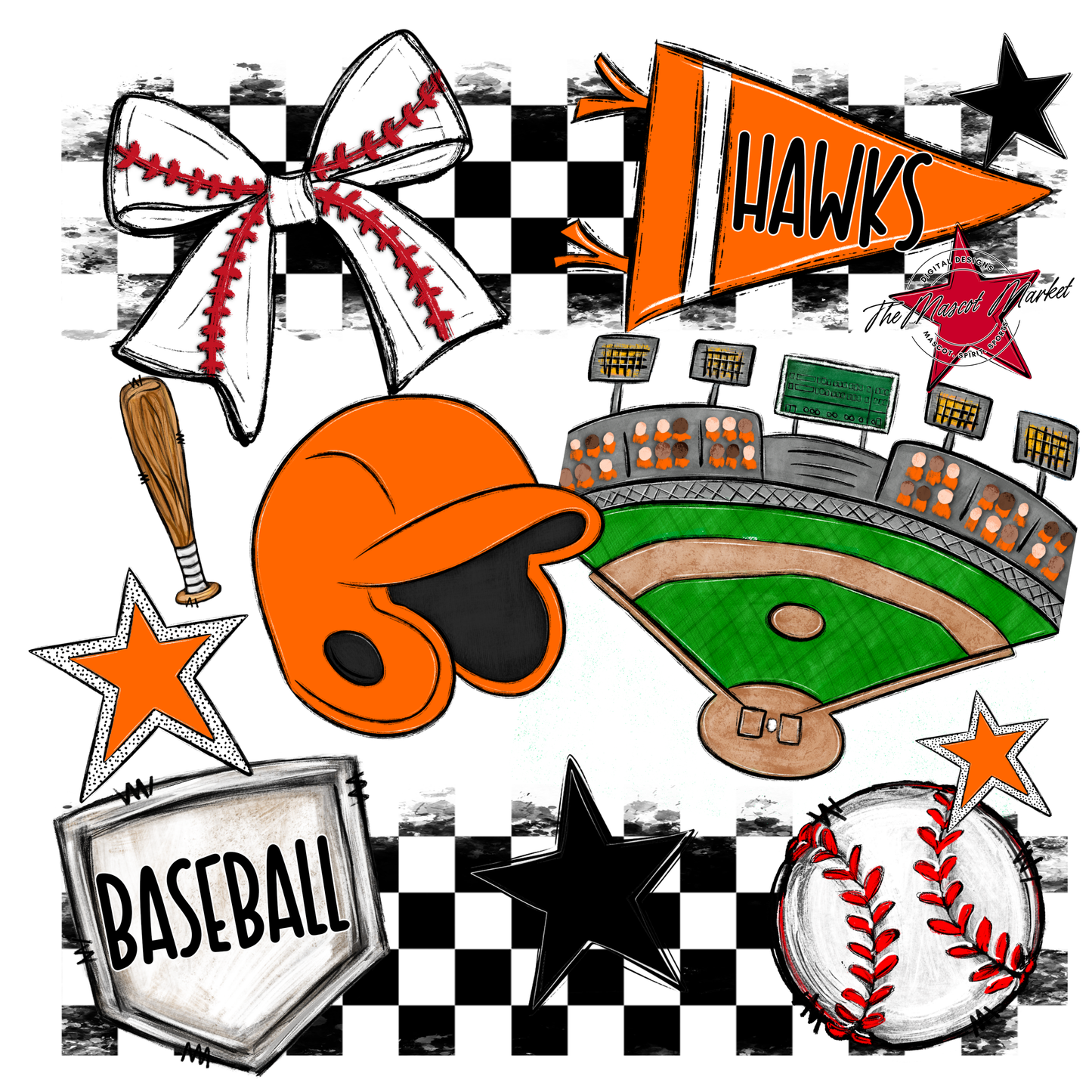 Hawks Checkers Baseball Spirit Design-Orange