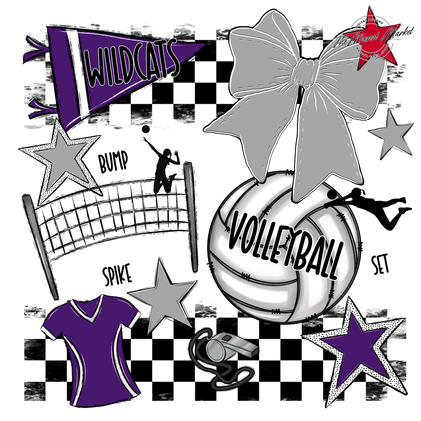 Wildcats Checkers Volleyball Spirit Design-Purple-Grey