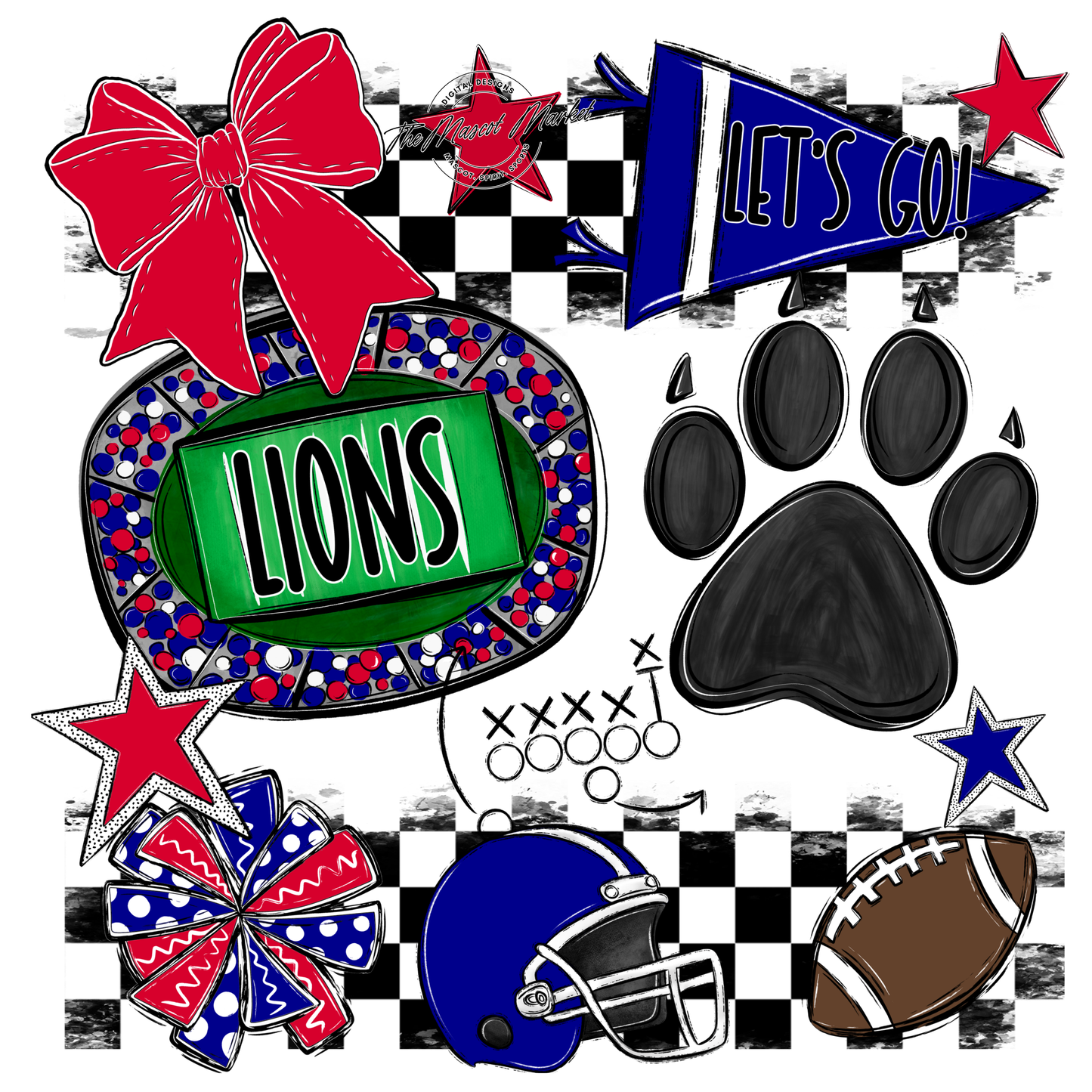 Lions Checkers Mascot Spirit Design w Paw-Blue-Red