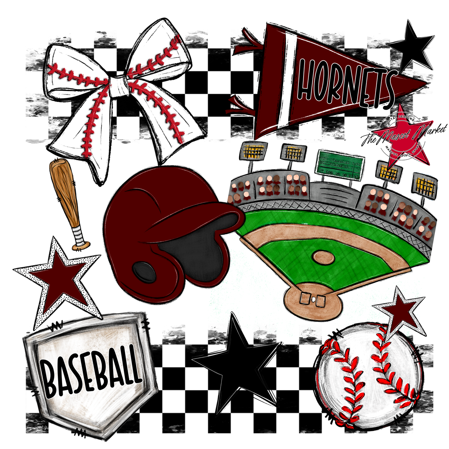 Hornets Checkers Baseball Spirit Design-Maroon