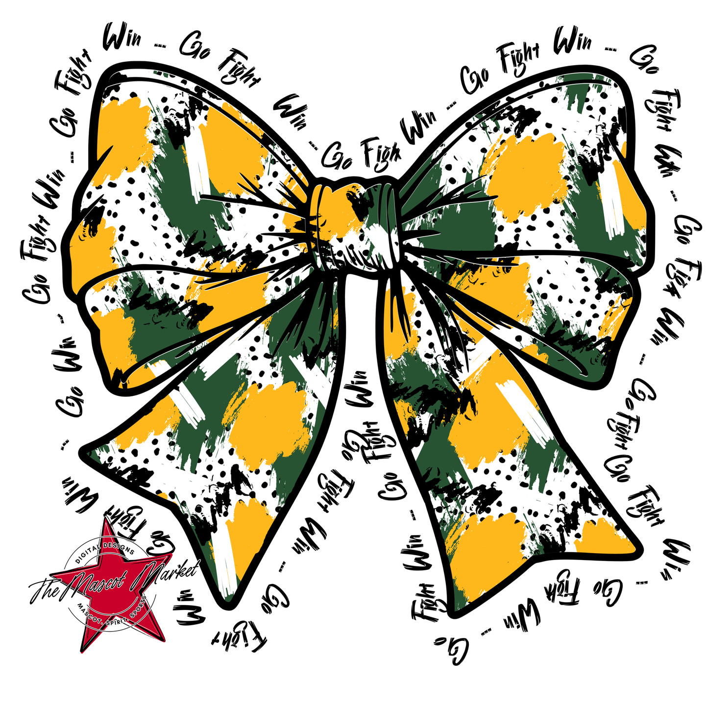 Go, Fight, Win, Splatter Bow Design-Green-Yellow