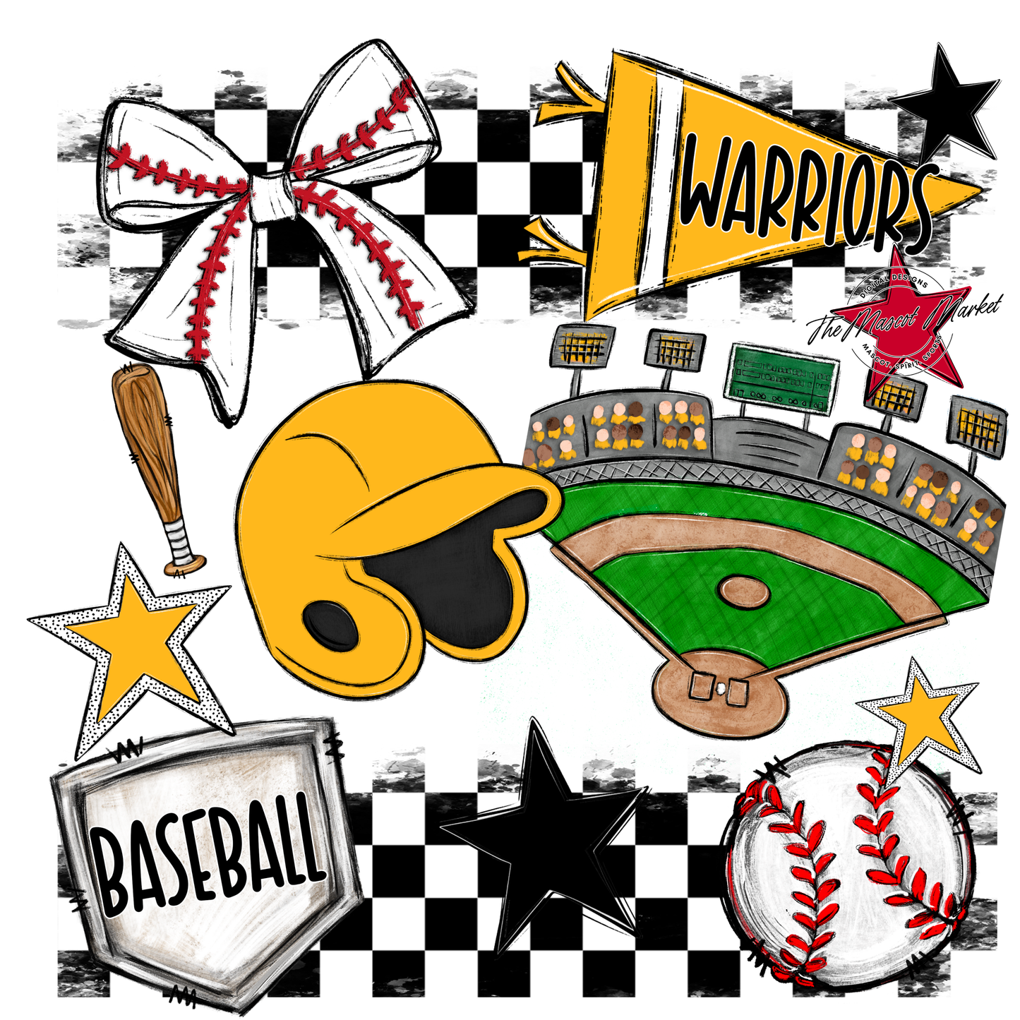 Warriors Checkers Baseball Spirit Design-Yellow
