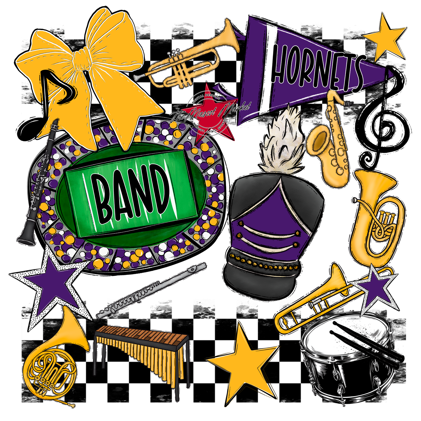 Hornets Checkers Band Spirit Design-Purple-Yellow