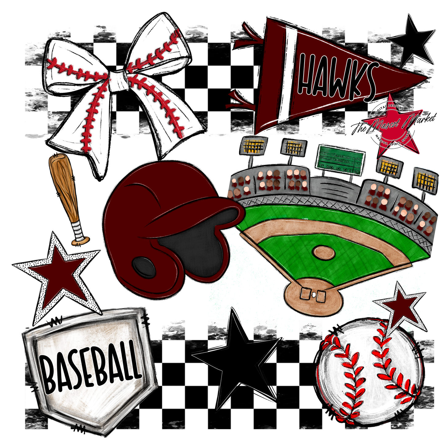 Hawks Checkers Baseball Spirit Design-Maroon