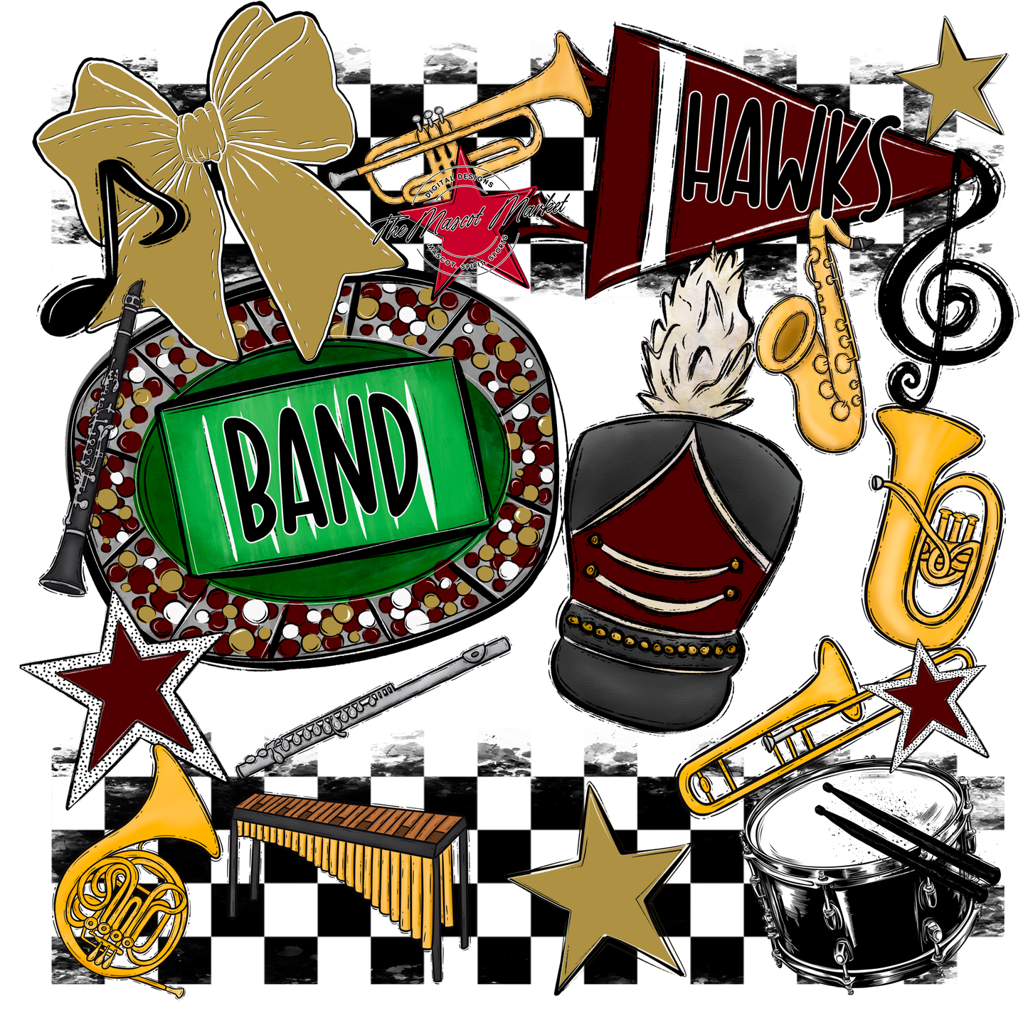 Hawks Checkers Band Spirit Design-Maroon-Gold