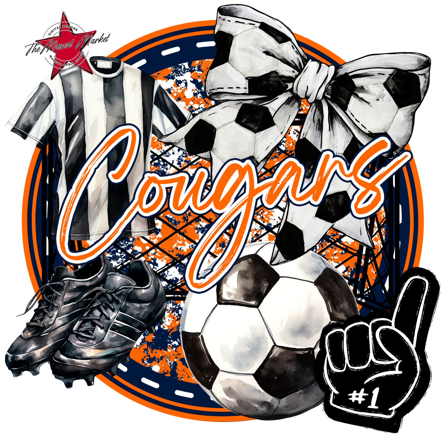 Cougars Circle Soccer Design-Navy-Orange