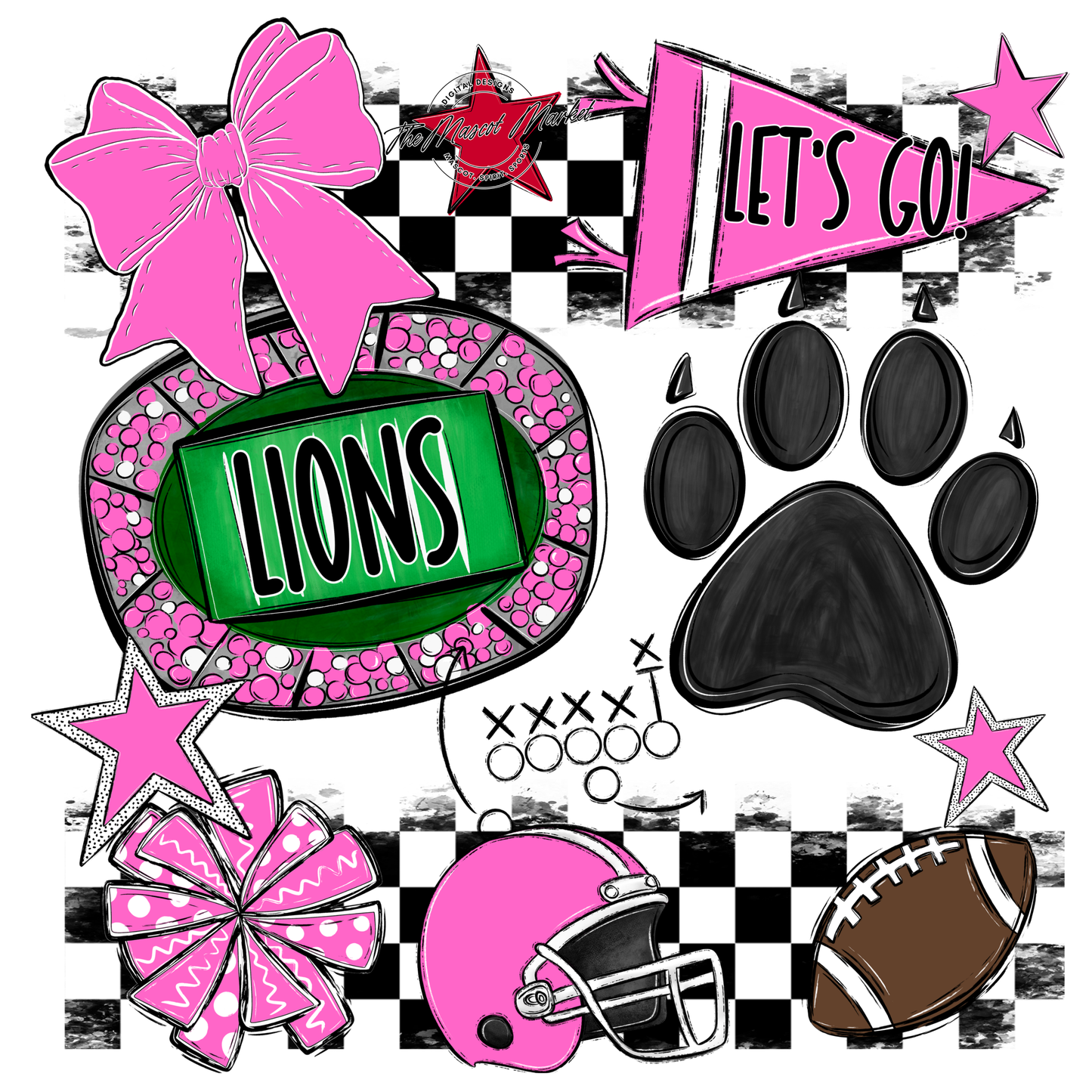 Lions Checkers Mascot Spirit Design w Paw-Baby Pink