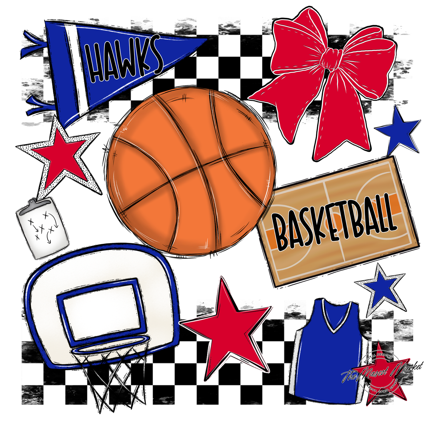 Hawks Checkers Basketball Spirit Design-Blue-Red