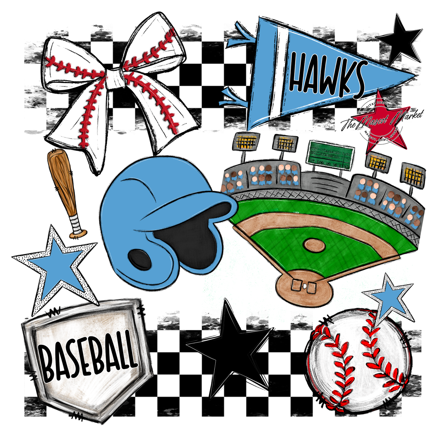 Hawks Checkers Baseball Spirit Design-Carolina Blue