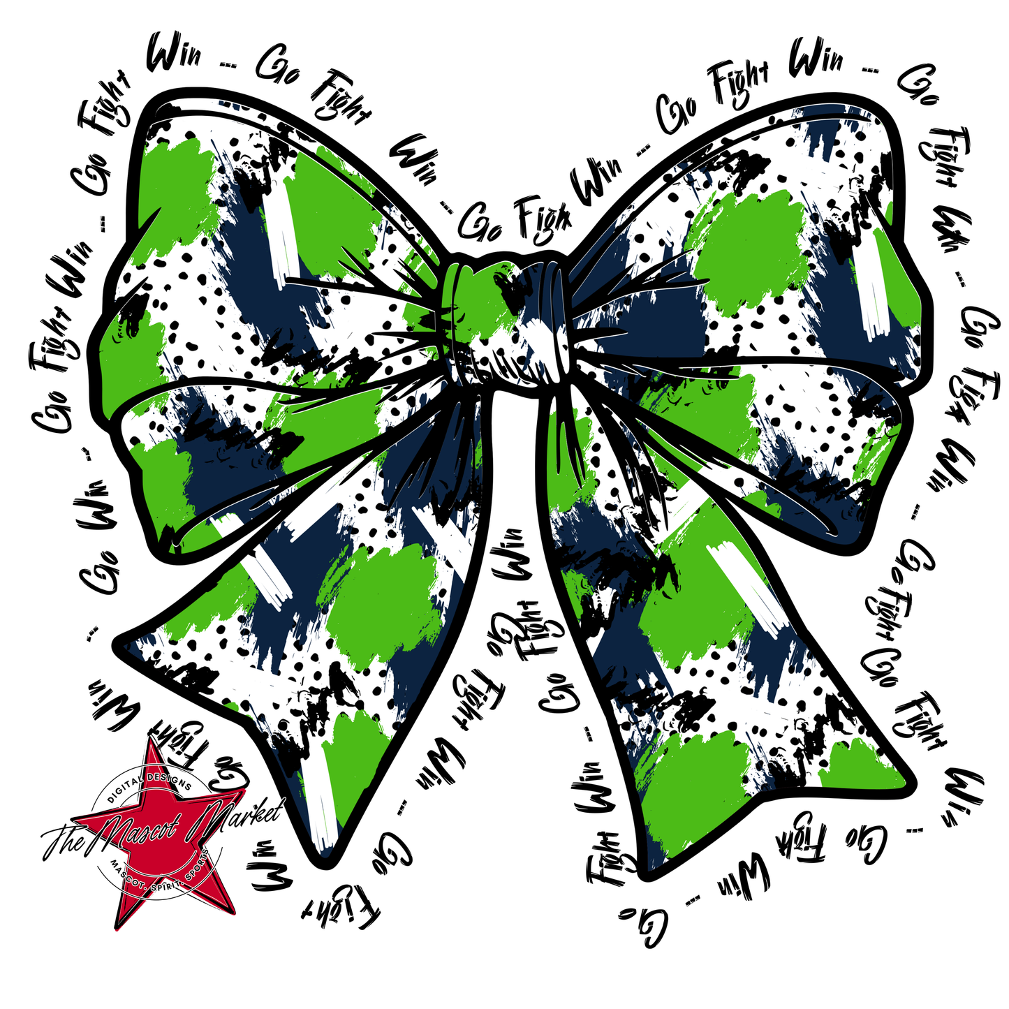 Go, Fight, Win, Splatter Bow Design-Navy-Bright Green