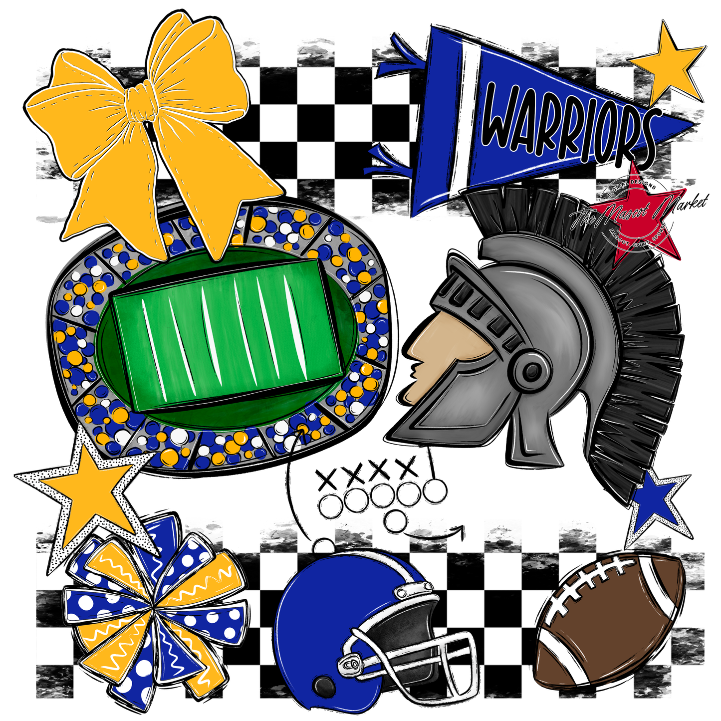 Warriors Checkers Mascot Spirit Design-Royal Blue-Yellow