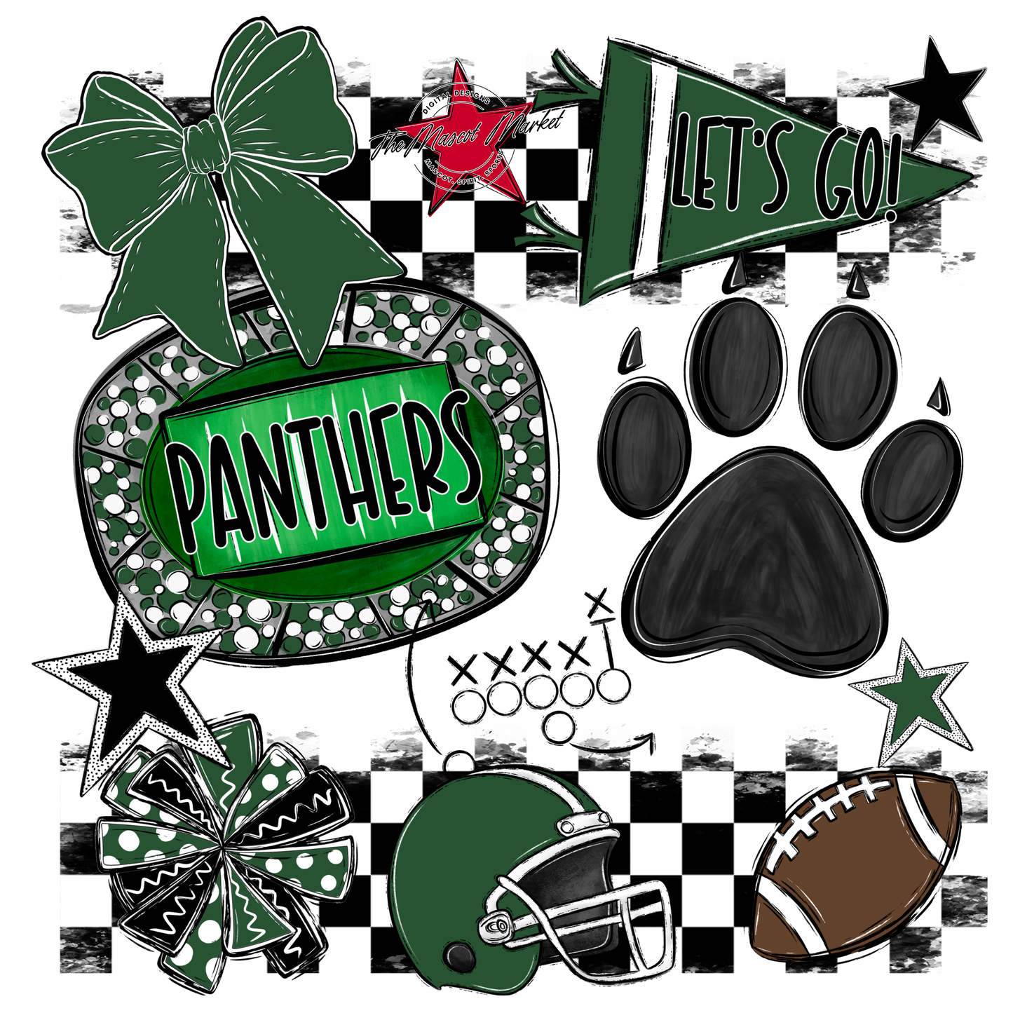 Panthers Checkers Mascot Spirit Design w Paw-Green