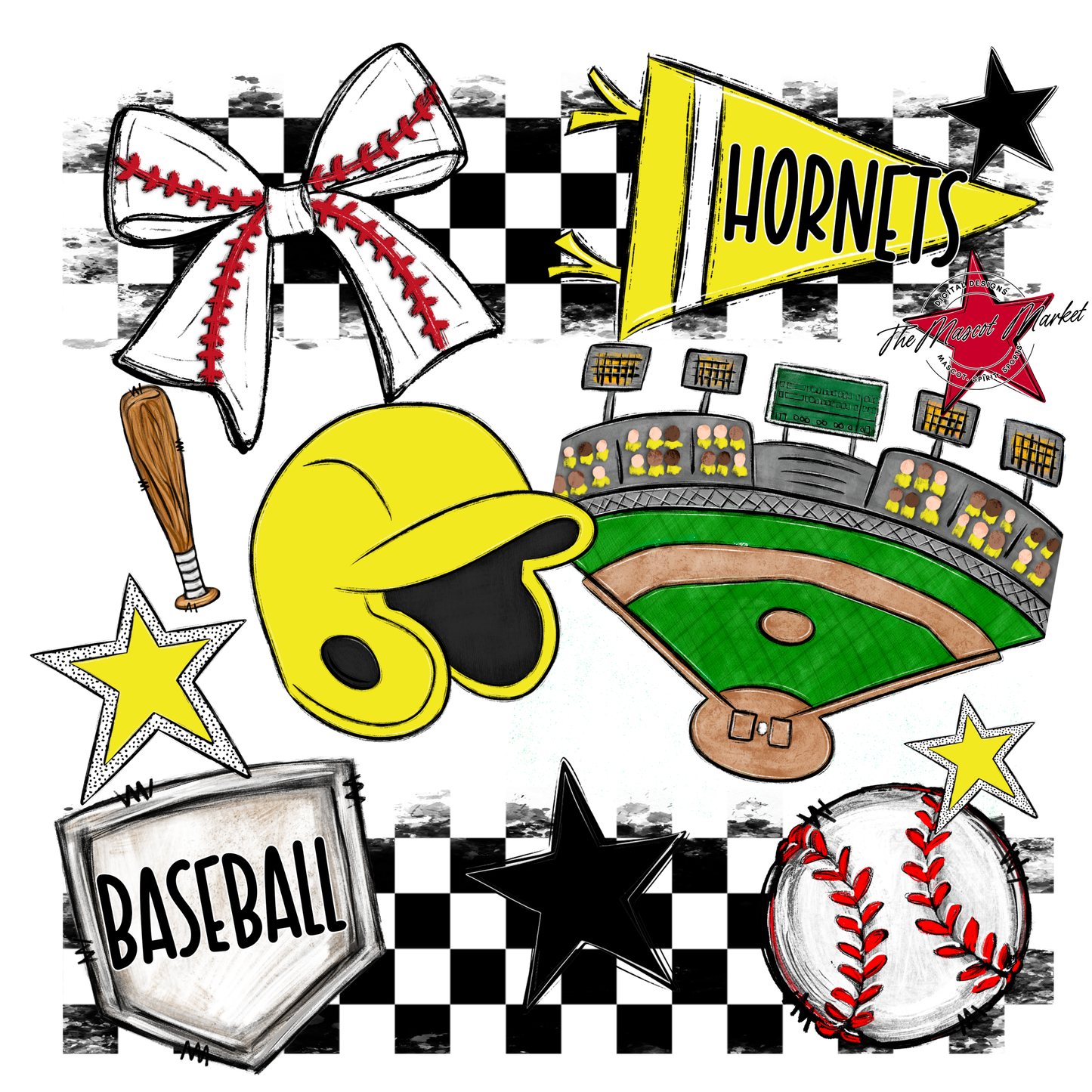 Hornets Checkers Baseball Spirit Design-Bright Yellow