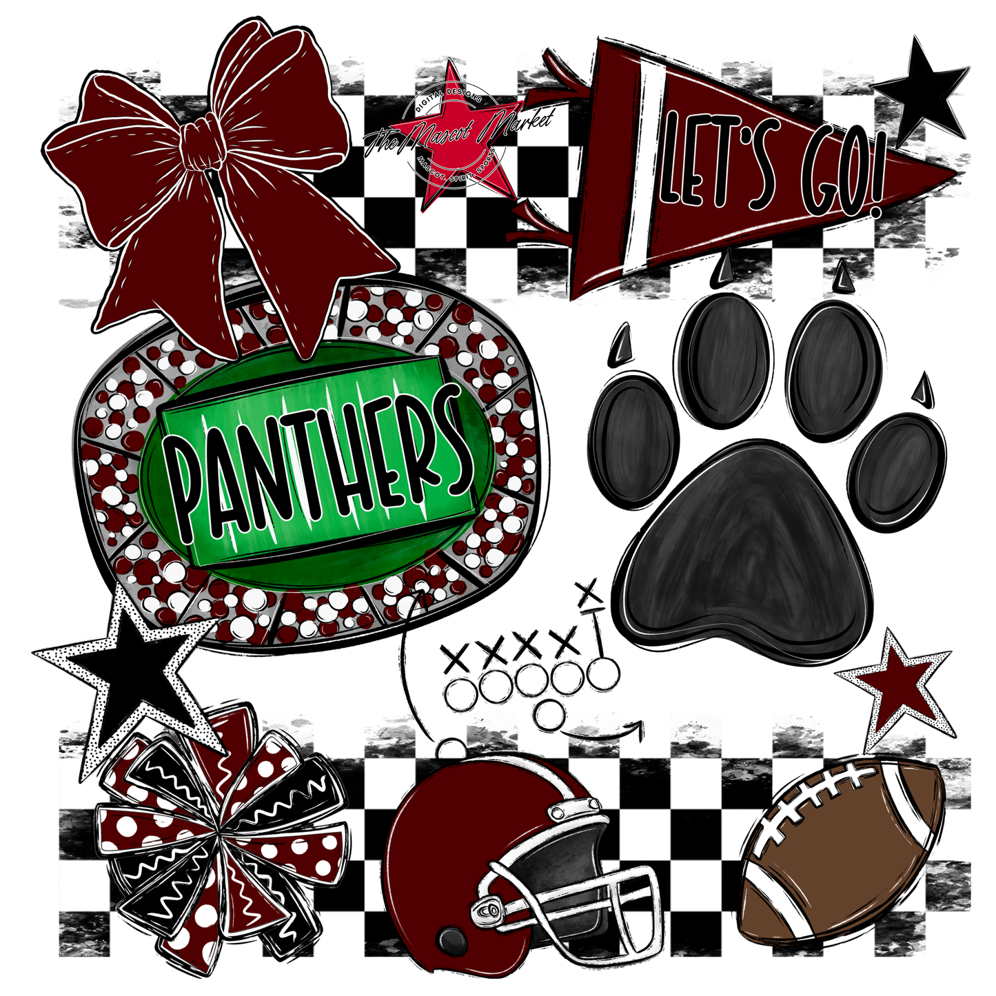 Panthers Checkers Mascot Spirit Design w Paw-Maroon