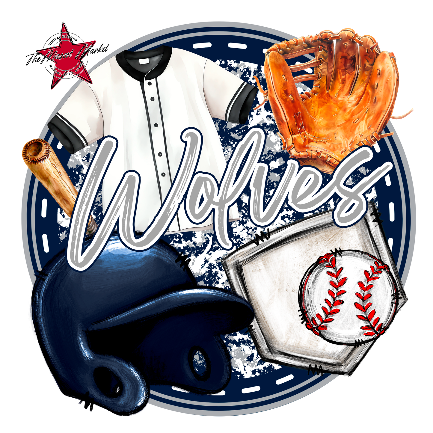 Wolves Circle Baseball Design-Navy-Grey