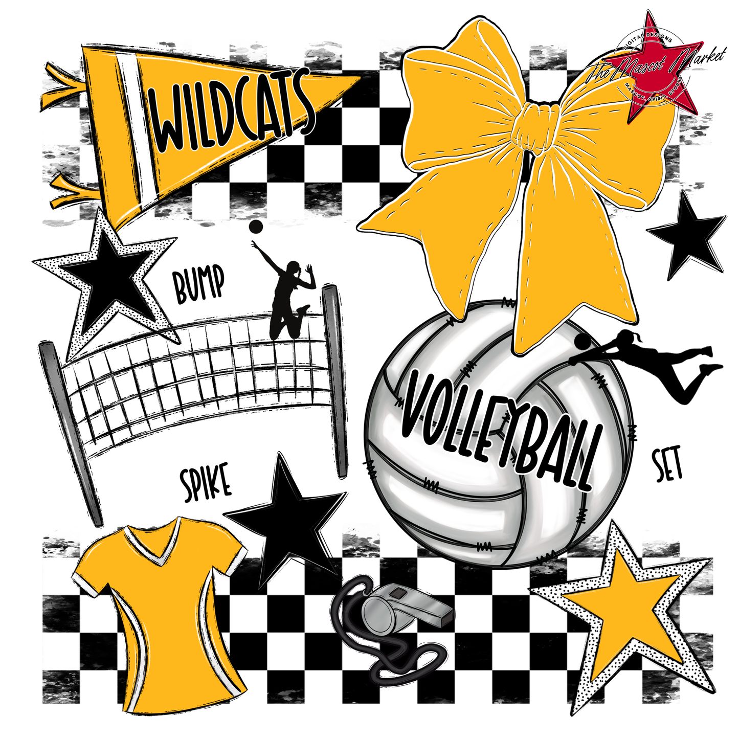 Wildcats Checkers Volleyball Spirit Design-Yellow