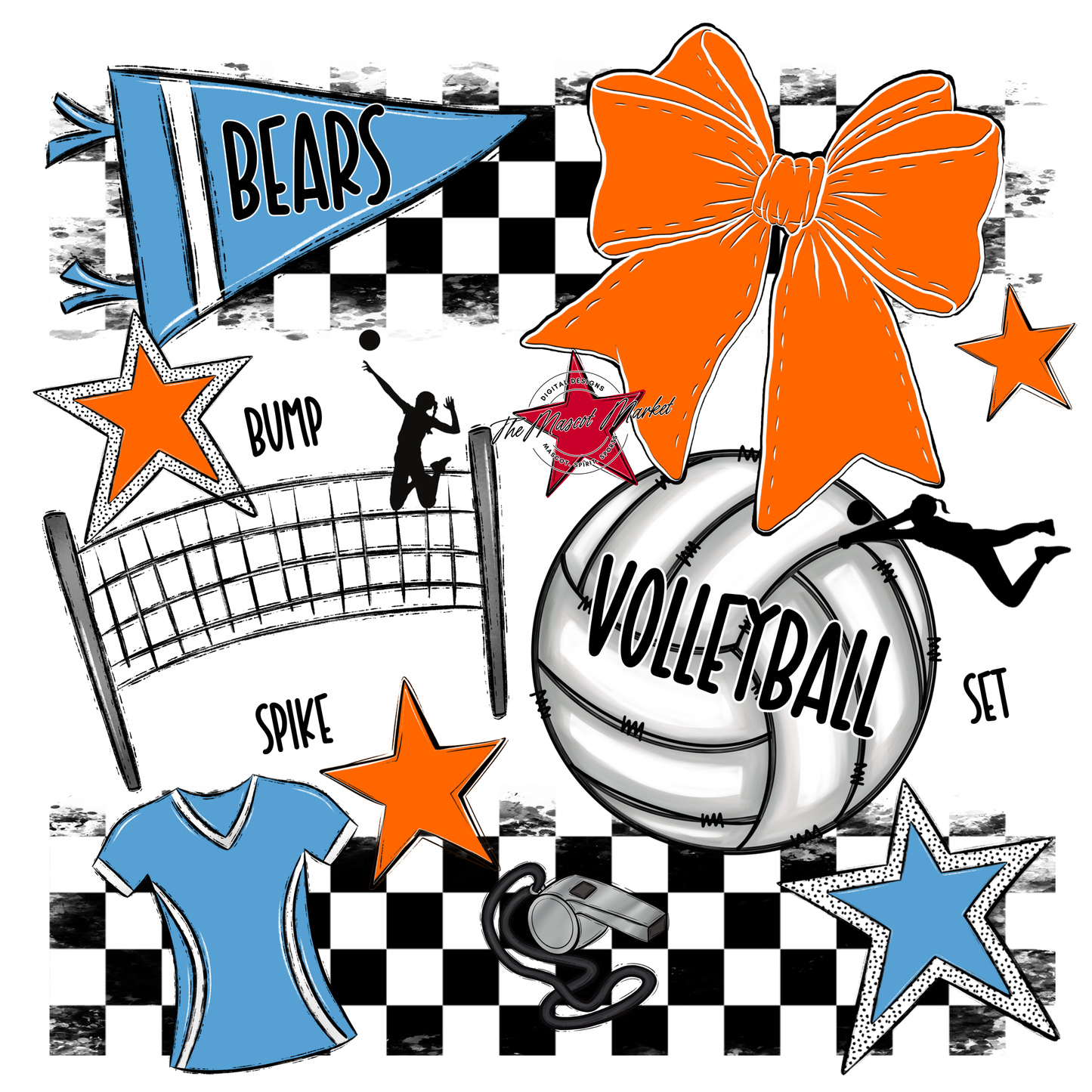 Bears Volleyball Checkers Design-Carolina Blue-Orange