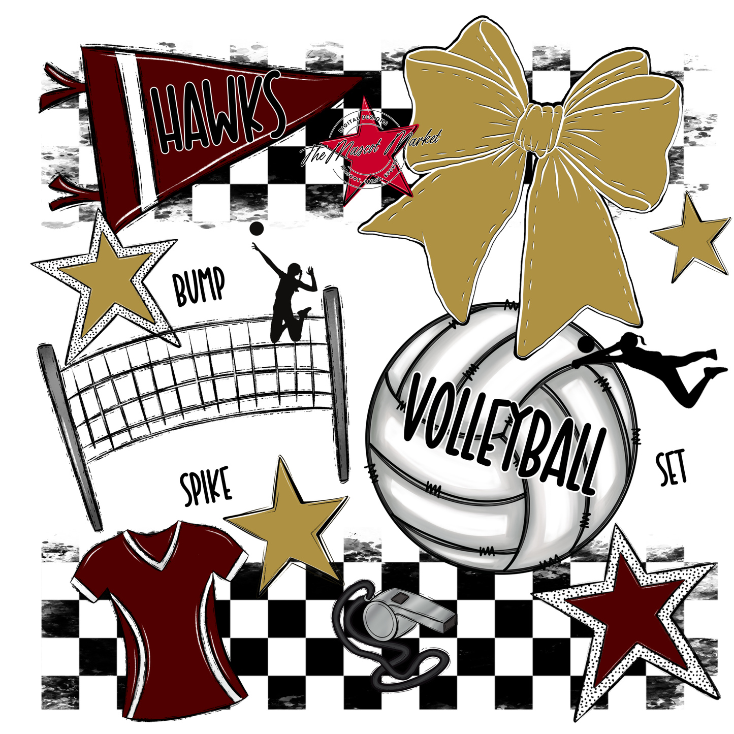 Hawks Checkers Volleyball Spirit Design-Maroon-Gold