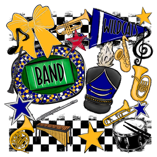 Wildcats Checkers Band Spirit Design-Blue-Yellow