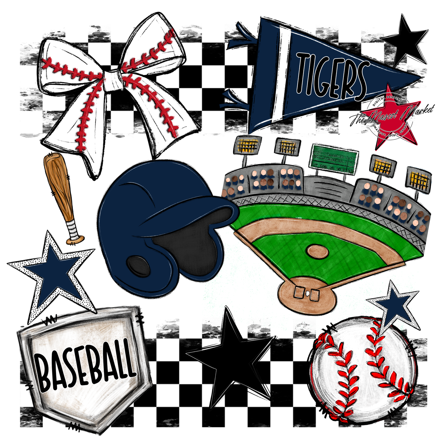 Tigers Checkers Baseball Spirit Design-Navy