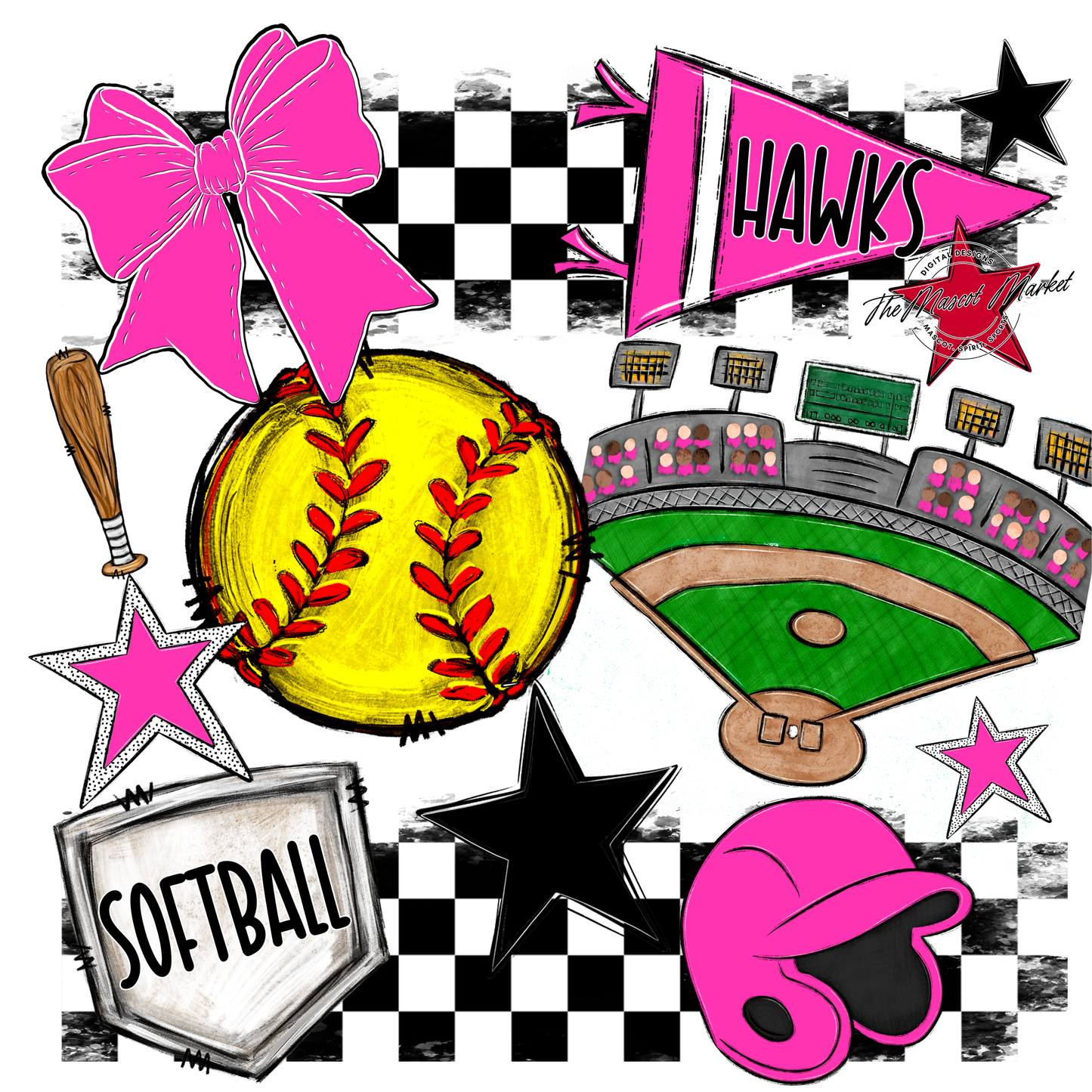 Hawks Checkers Softball Spirit Design-Pink