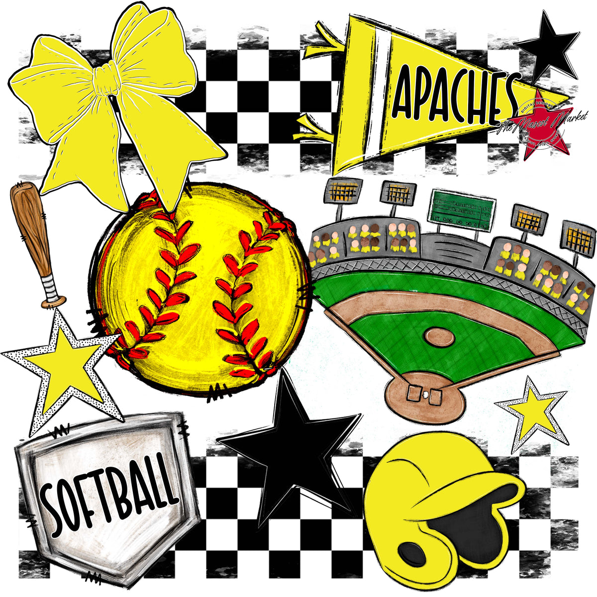 Apaches Softball Checkers Design-Bright Yellow