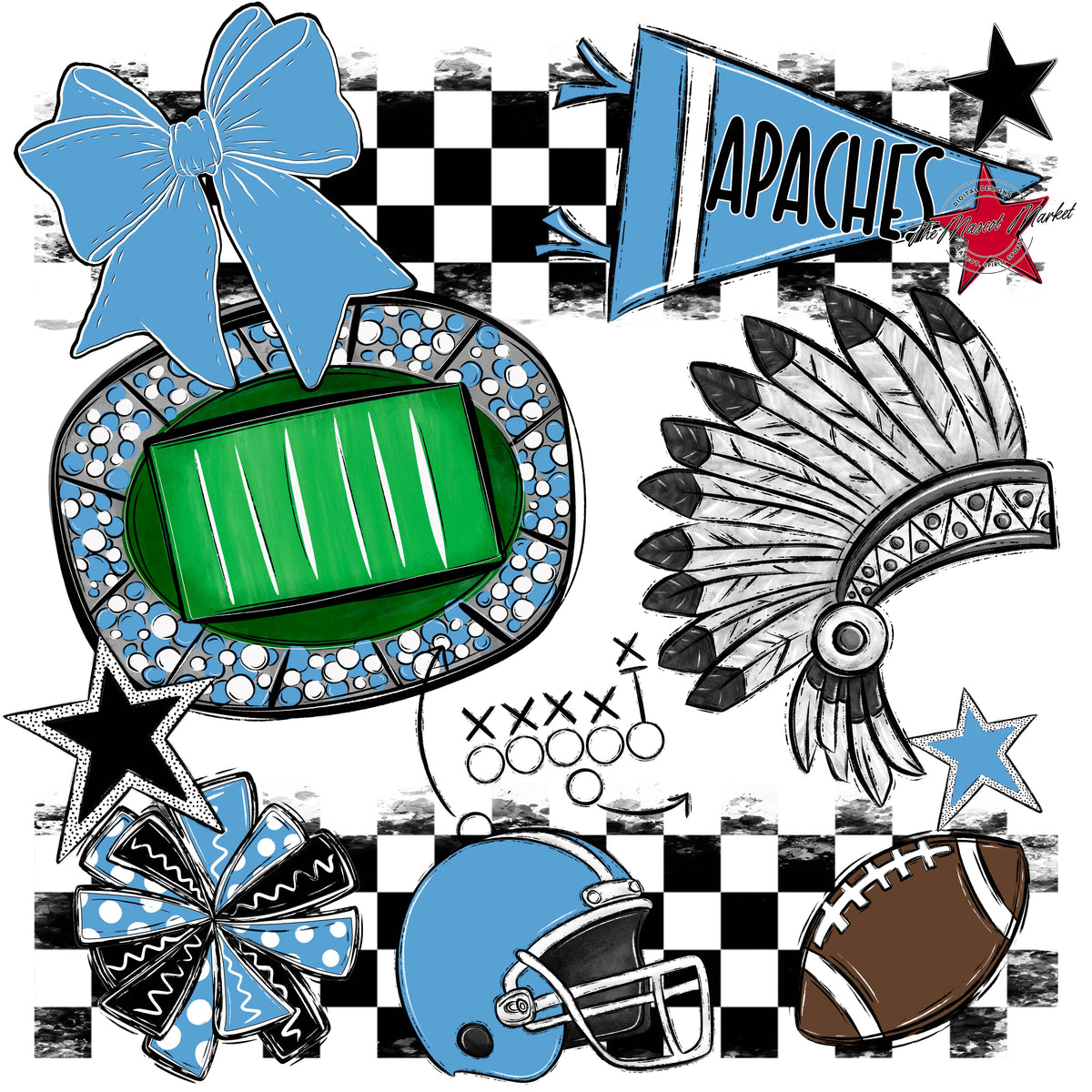 Apaches Checkers Mascot Spirit Design-Carolina Blue
