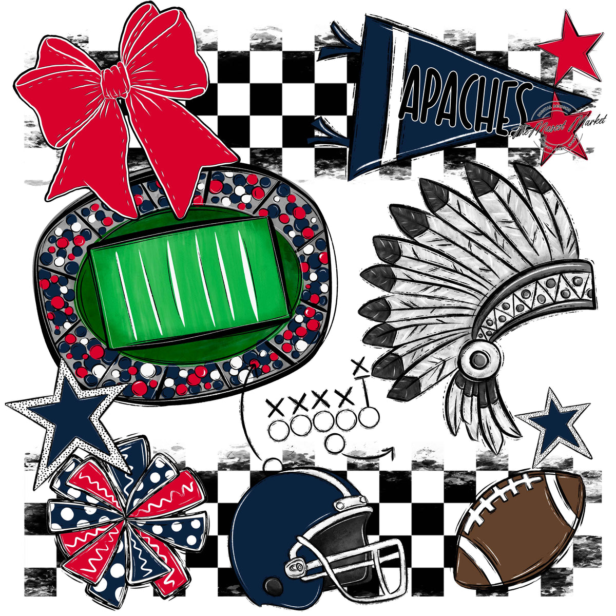 Apaches Checkers Mascot Spirit Design-Navy & Red