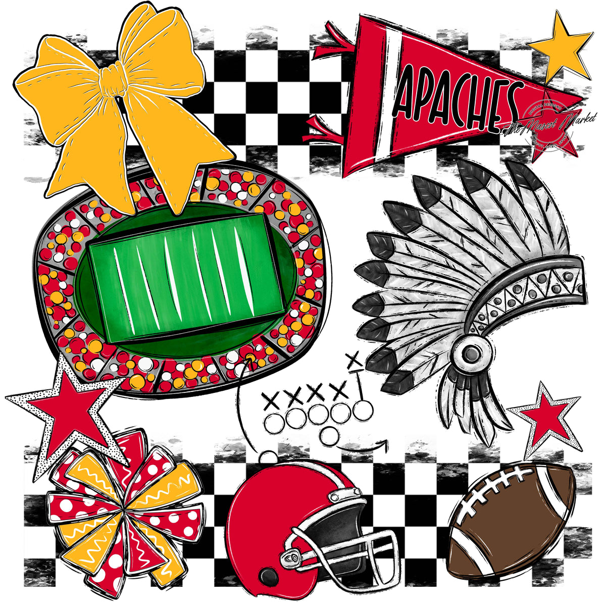 Apaches Checkers Mascot Spirit Design-Red & Yellow