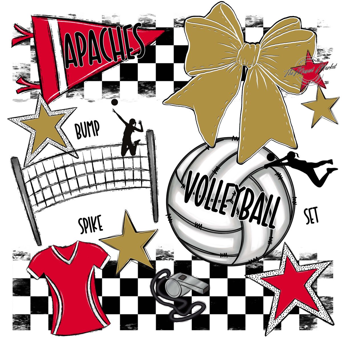 Apaches Volleyball Checkers Design-Red & Gold