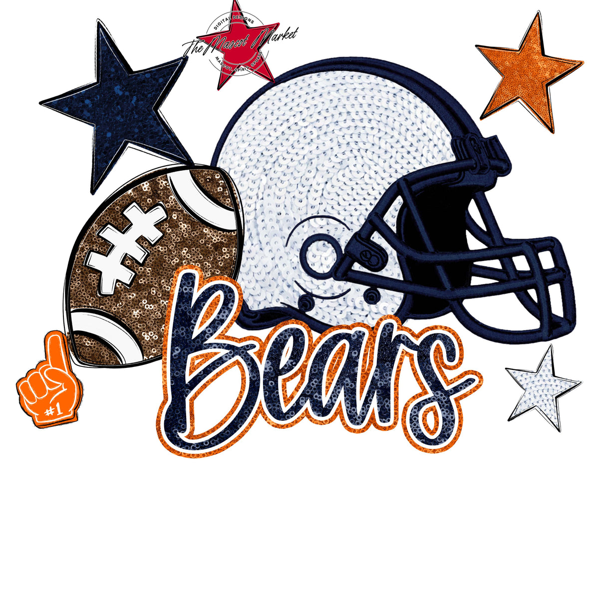 Bears Football Embroidered Sequins Design-Navy & Orange