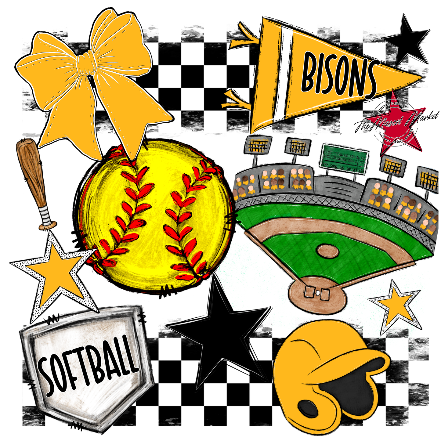 Bisons Checkers Softball Spirit Design-Yellow
