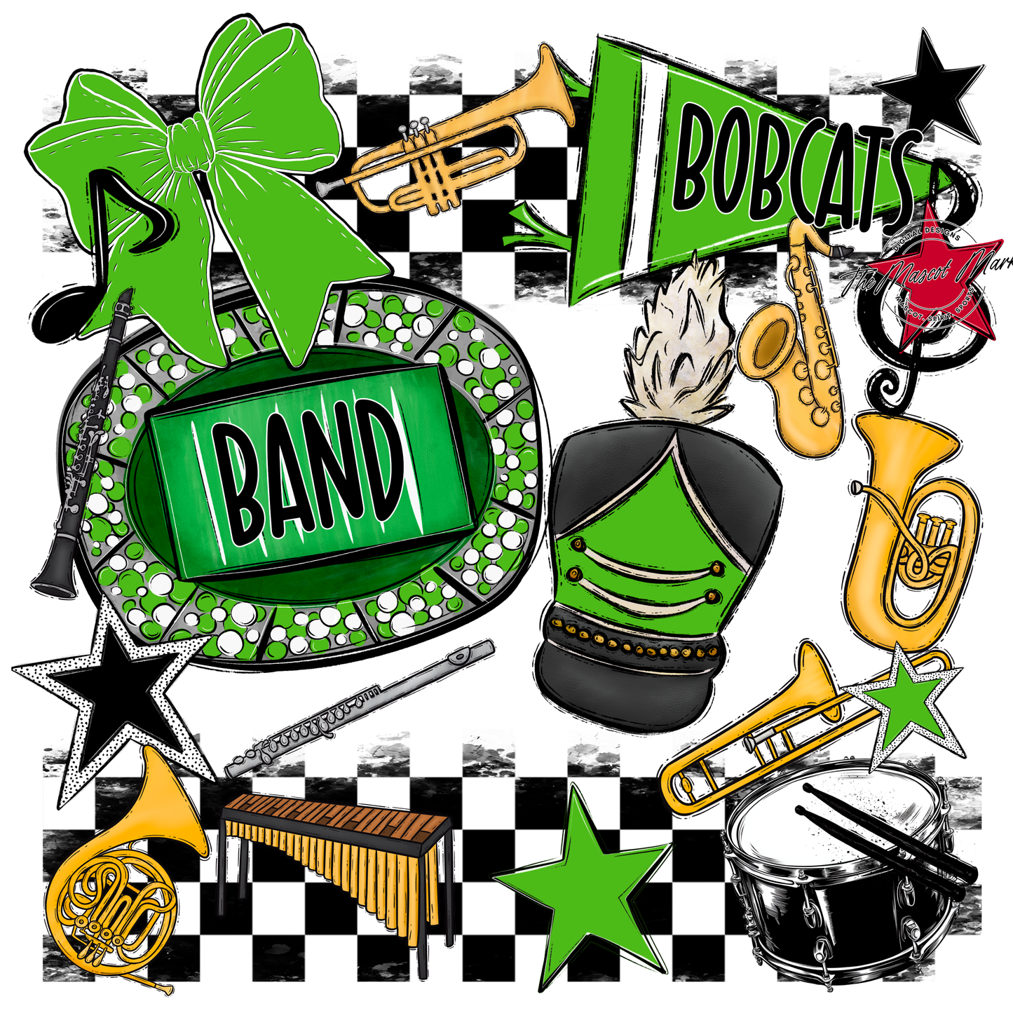 Bobcats Checkers Band Spirit Design-Bright Green