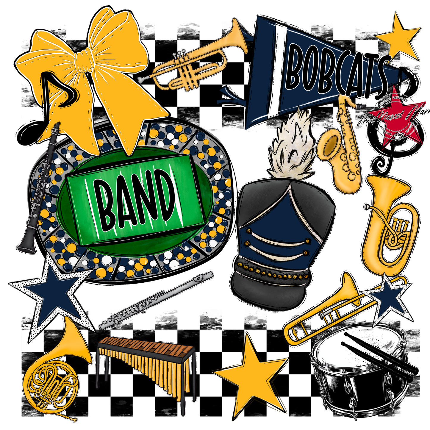 Bobcats Checkers Band Spirit Design-Navy-Yellow