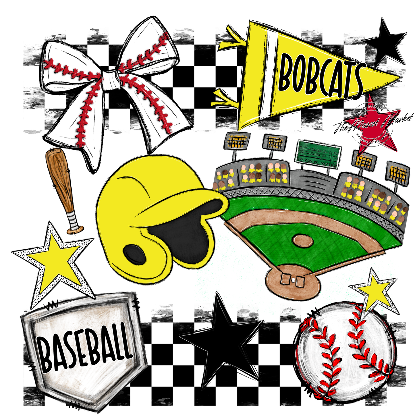 Bobcats Checkers Baseball Spirit Design-Bright Yellow