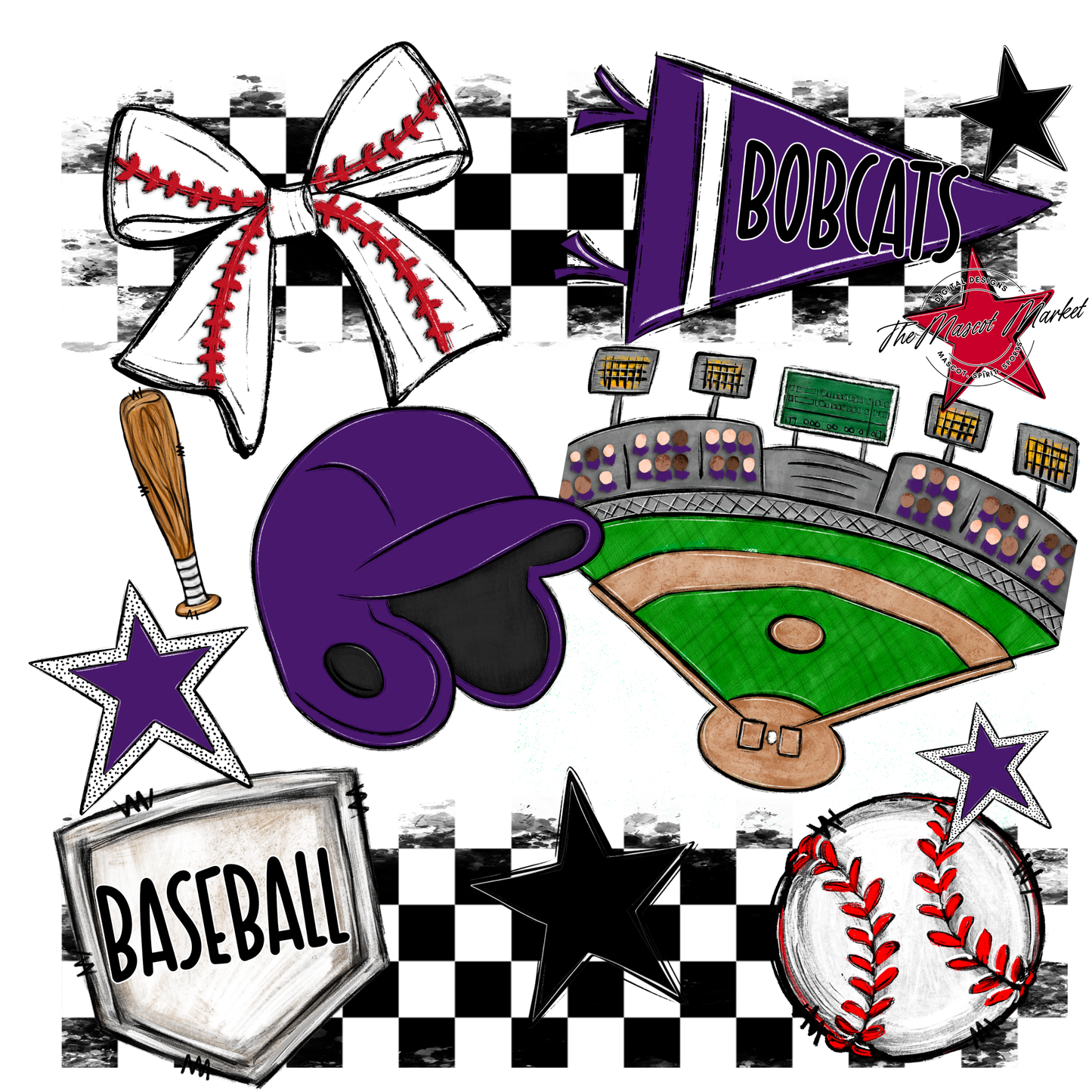 Bobcats Checkers Baseball Spirit Design-Purple