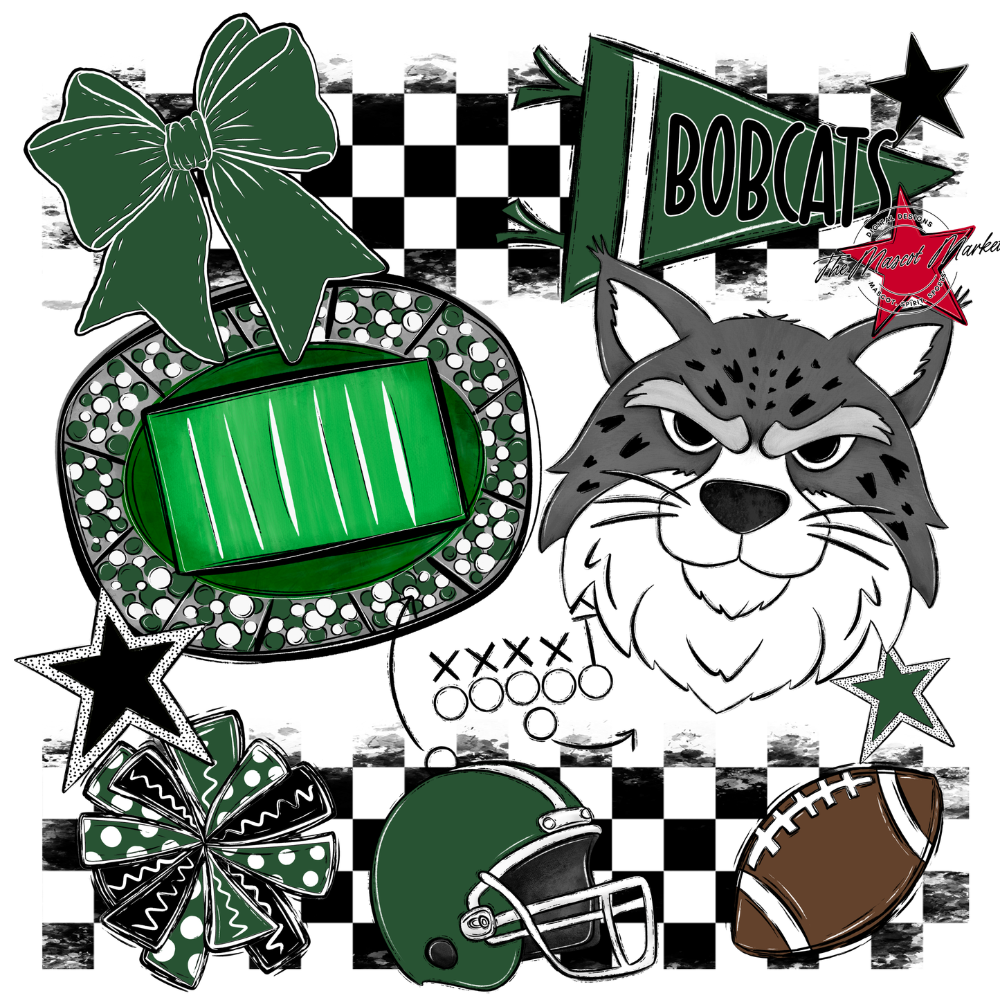 Bobcats Checkers Mascot Spirit Design-Green