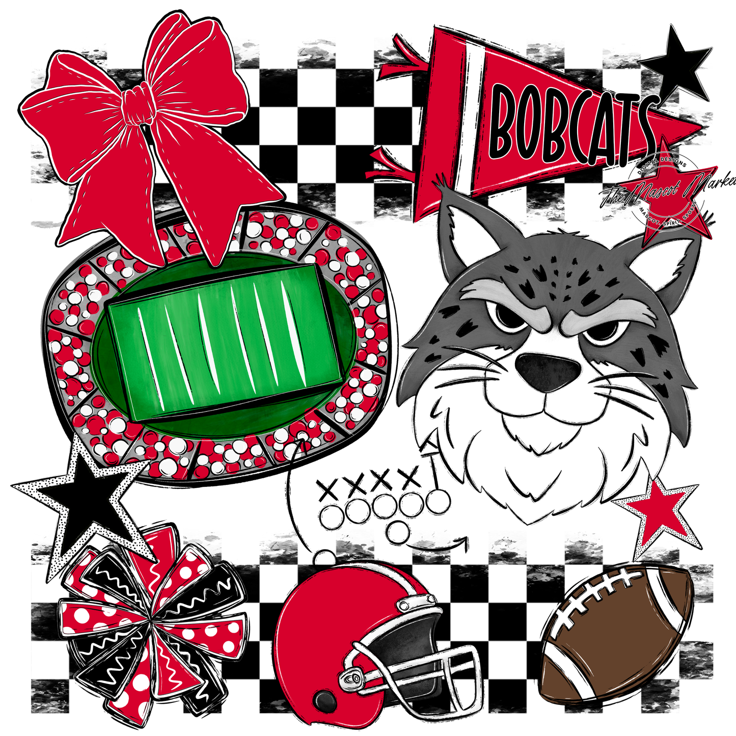 Bobcats Checkers Mascot Spirit Design-Red