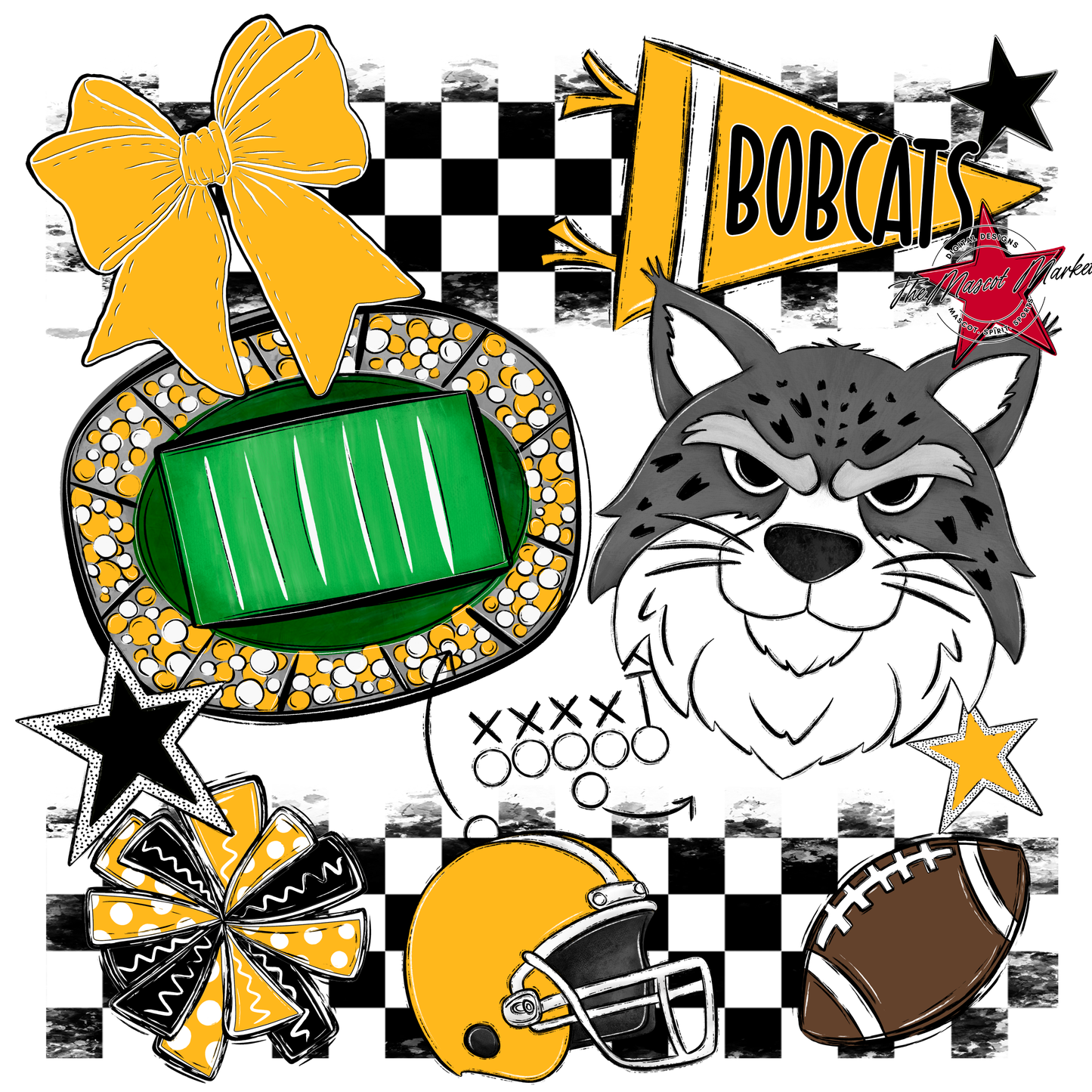 Bobcats Checkers Mascot Spirit Design-Yellow